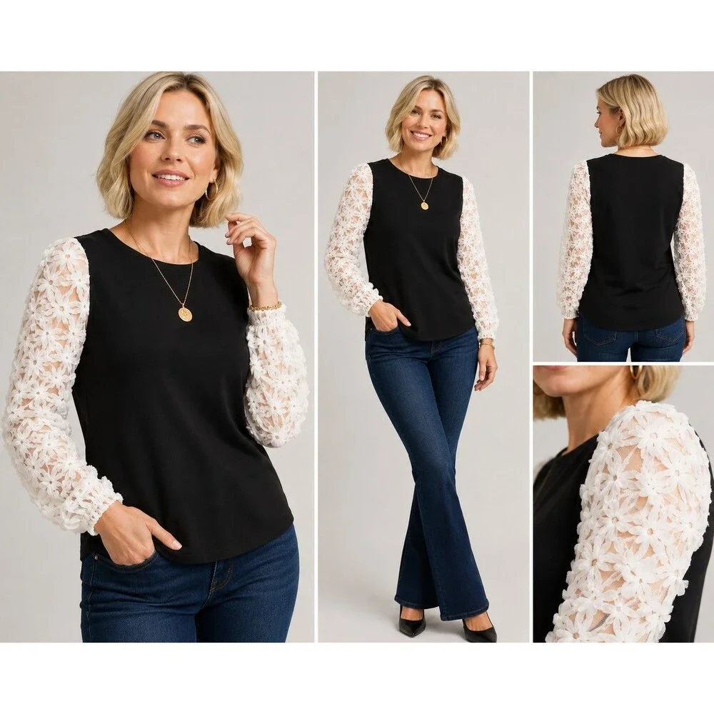 Chico's Mesh Applique Sleeve Blouse Womens Size 1 Medium Black Ivory Elegant Top